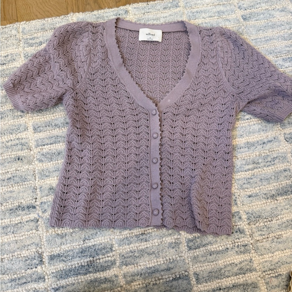 Wilfred Lilac Openwork Knit Button-Front Short Sleeve Cardigan
